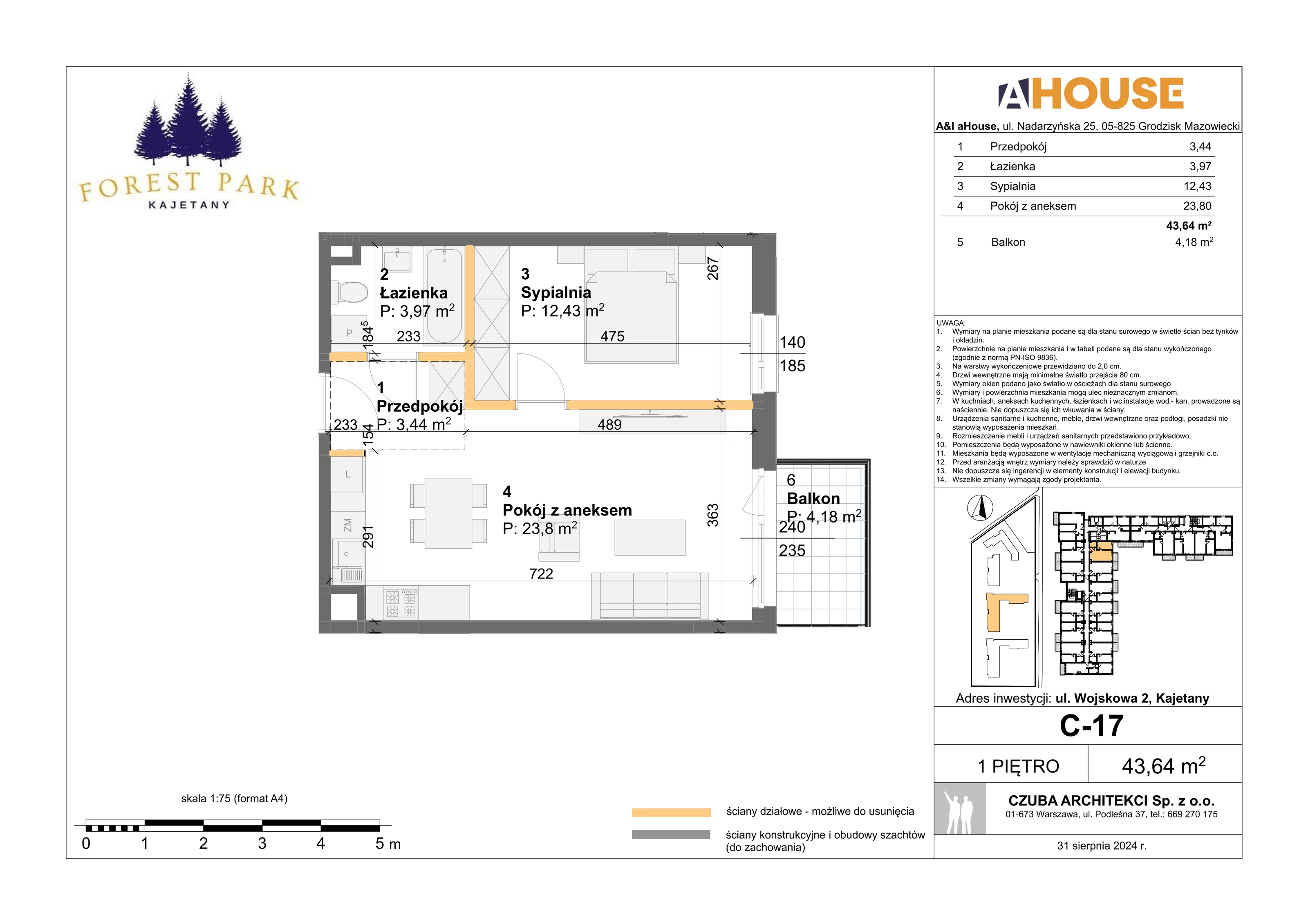 2 pokoje, mieszkanie 43,64 m², piętro 1, oferta nr C-17, Forest Park Kajetany, Kajetany, ul. Wojskowa 2